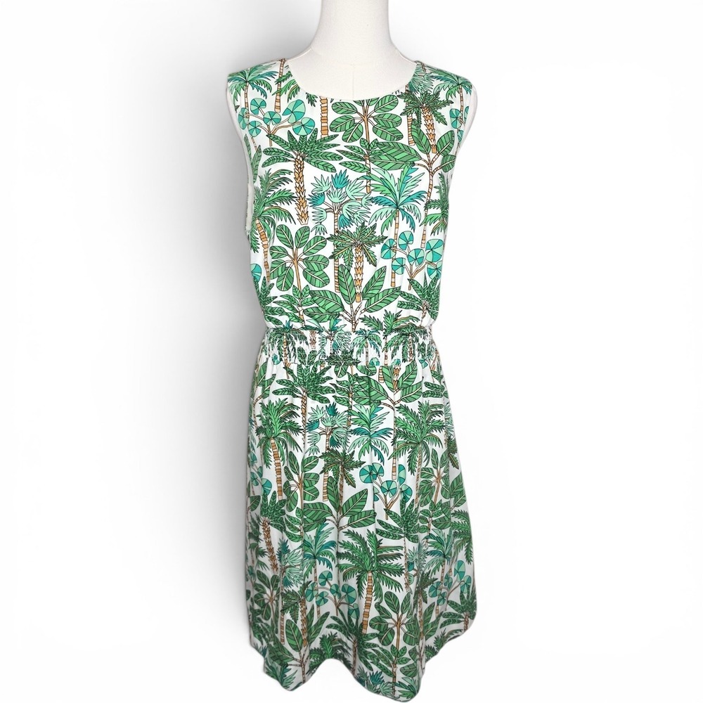 Boden Smocked Waist Mini Dress Green Tropical Palm Print 100% Cotton Size 12